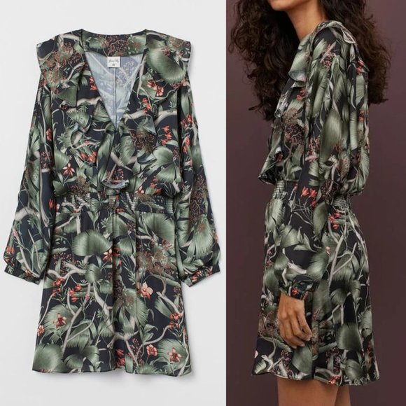 Johanna Ortiz x H&M Patterned Dress with Flounce Mini Ruffle Tropical Silky S - Picture 4 of 16